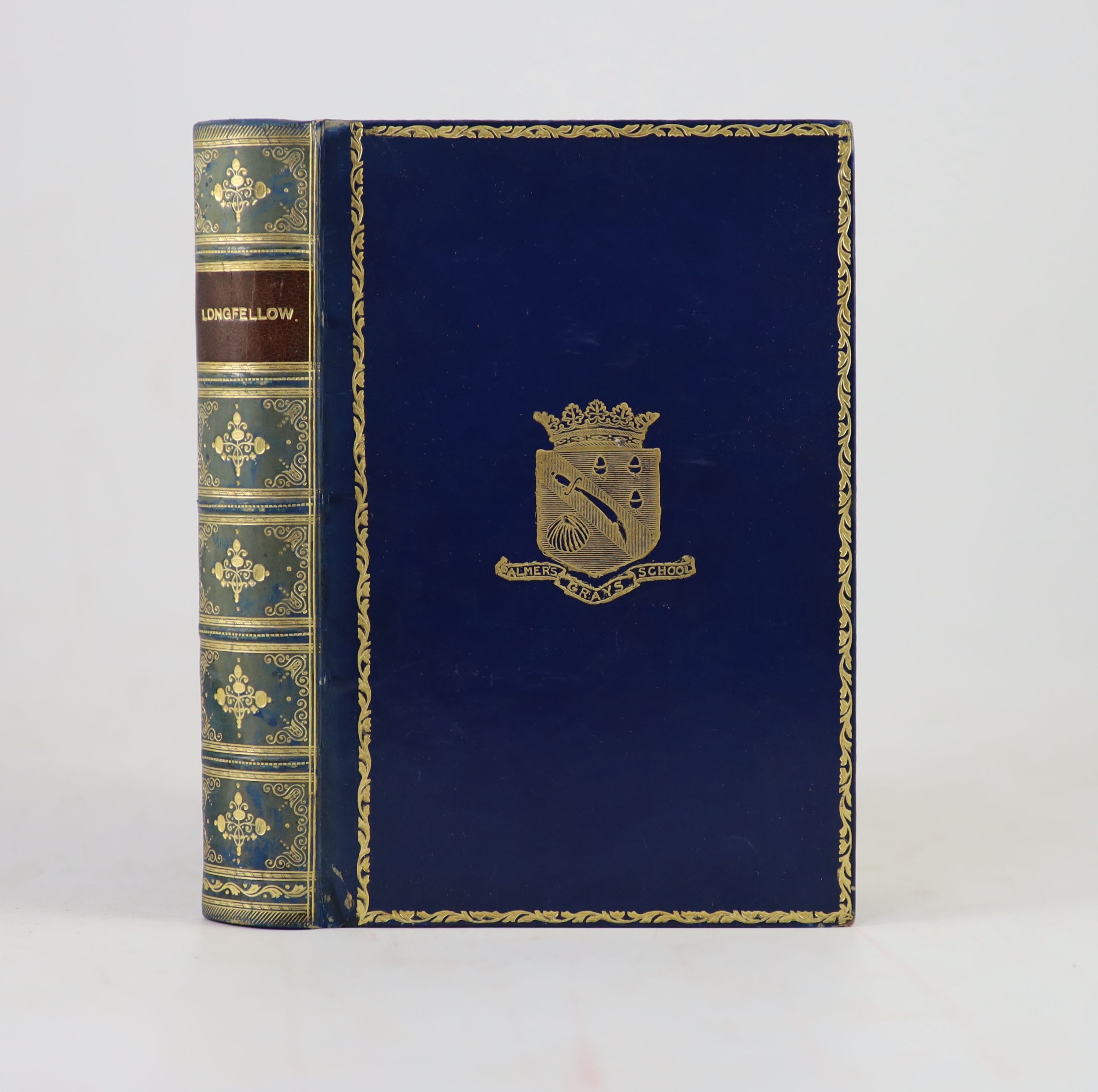Longfellow, Henry Wadsworth - The Poetical Works of Henry Wadsworth Longfellow. Complete copyright edition, Gilt tooled morocco with school crest to upper, panelled and gilt decorated spine with morocco label. Marbled ed
